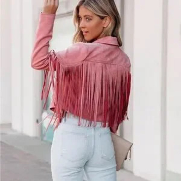 Jackets & Blazers - Stylish Pink Fringe Women's Jacket boho blazer